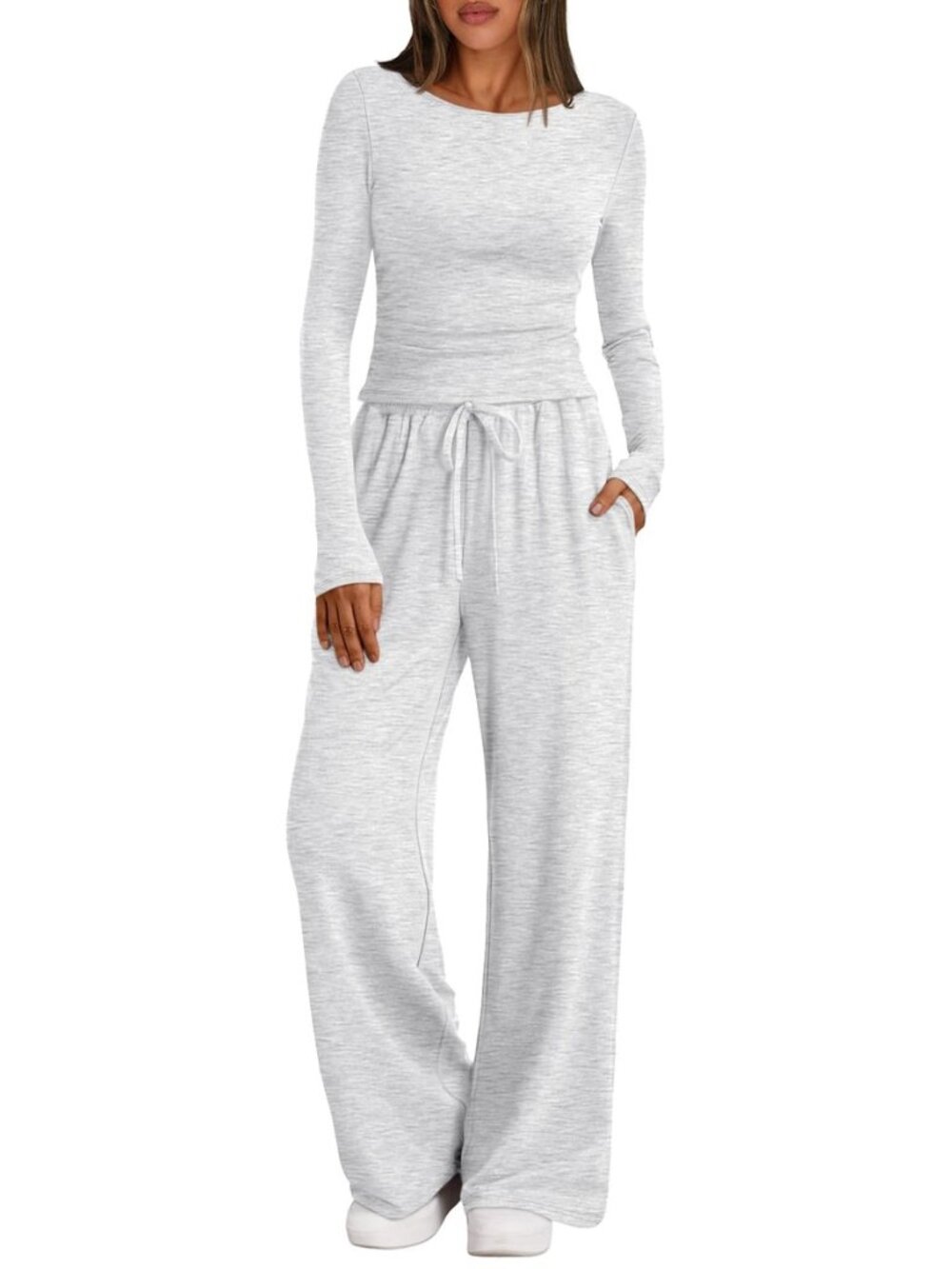 Women's 2 Piece Matching Lounge Set Boat Neck Slim Fitted Top Wide Leg Pants